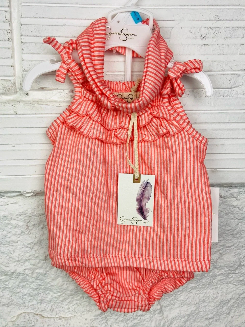 Jessica Simpson Coral & White Striped Ruffle Tie-Shoulder One-Piece W/ headband